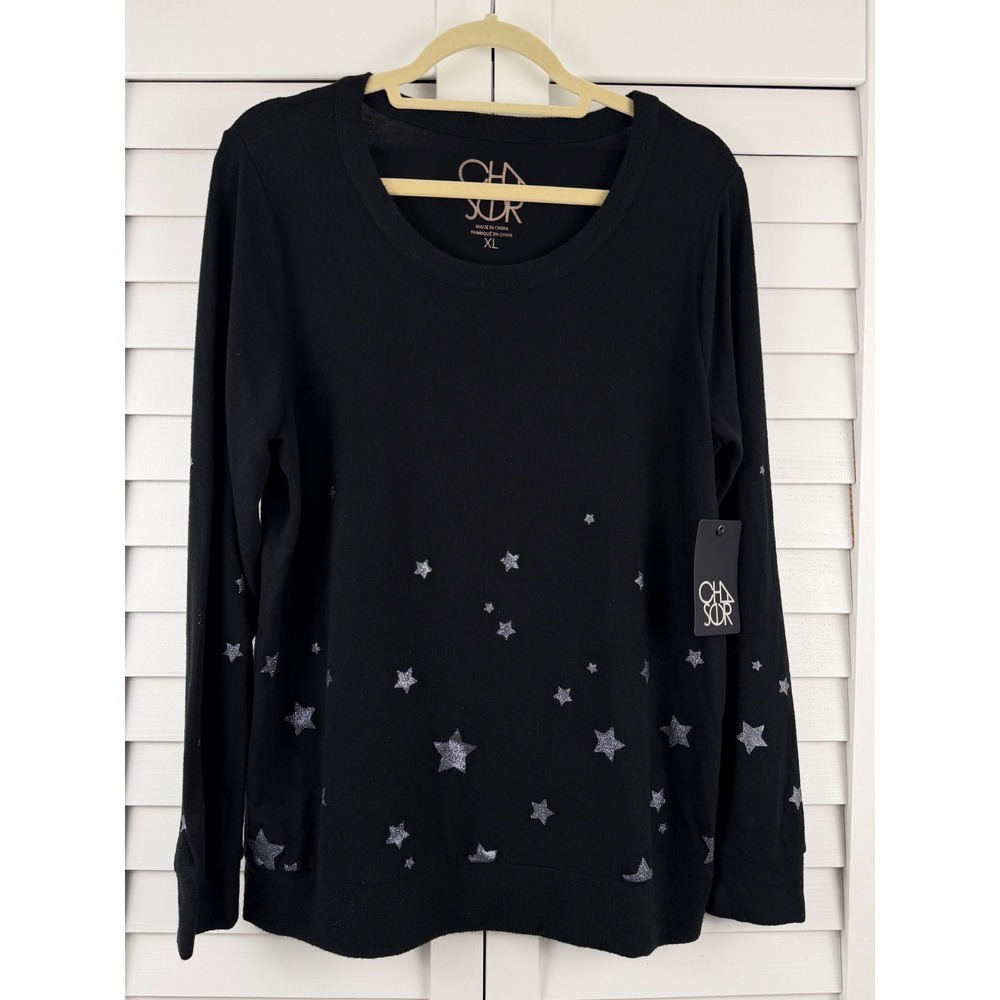 Chaser Sweatshirt XL Black Silver Glitter Star Print Long Sleeve Knit NEW - Picture 1 of 16